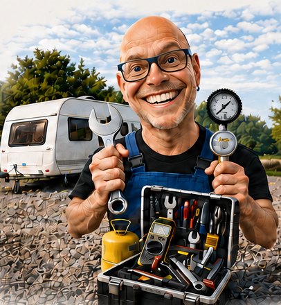 Prüfer mit Manometer und Werkzeugkoffer vor einem Wohnwagen auf dem Campingplatz